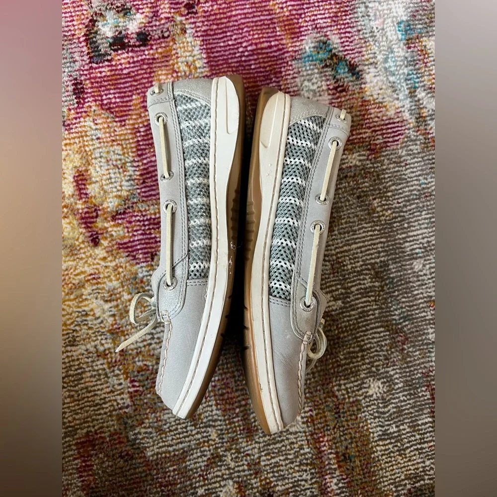 Sperry Women's 7.5 Angelfish Breton Stripe Mesh Slip-On Boat Shoe charcoal white - Picture 4 of 11